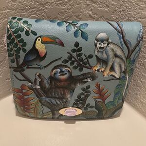 Anuschka Painted Sloth Jungle Print Front Flap Messenger Bag Blue Leather NWT